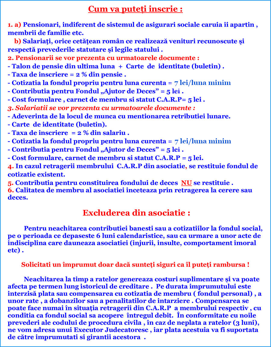 Conditii inscriere CARP Umanitatea membrii noi